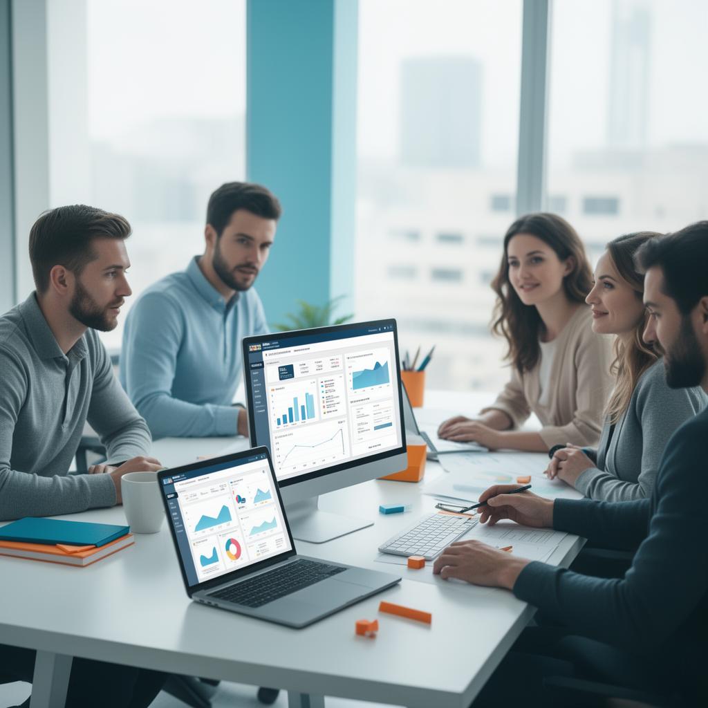 Equipe de marketing digital trabalhando em estratégias e campanhas